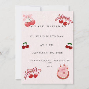 Sweet Cherry Birthday Invitation Cute Pink Girl