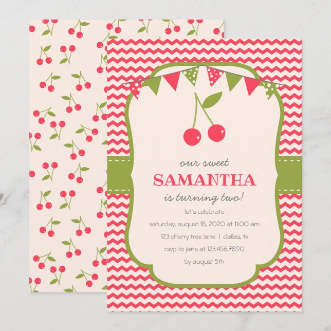 Sweet Cherry Birthday Party Invitation (Front/Back)
