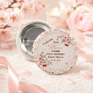 Sweet Cherry Blossom 1st Birthday girl Party Button