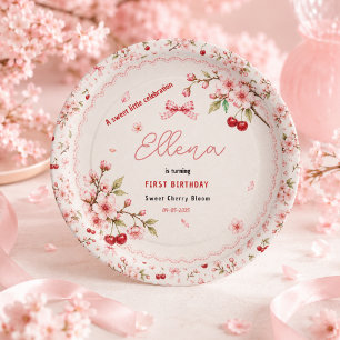 Sweet Cherry Blossom 1st Birthday girl Party Paper Plates
