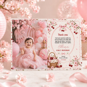 Sweet Cherry Blossom 1st Birthday girl Party Thank You Card