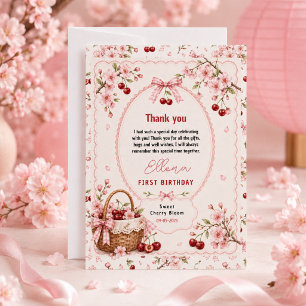 Sweet Cherry Blossom 1st Birthday girl Party Thank You Card