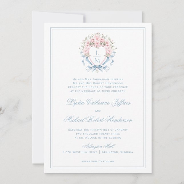 Sweet Cherry Blossom Crest  | Monogram Wedding Invitation (Front)