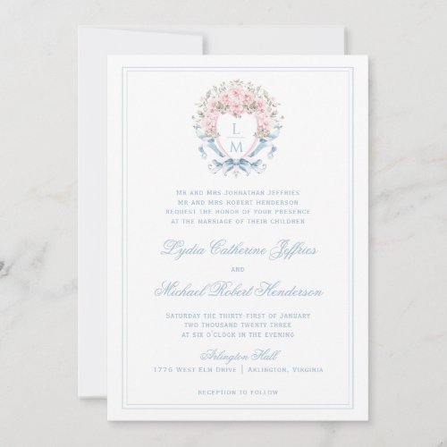 Sweet Cherry Blossom Crest   Monogram Wedding Invitation
