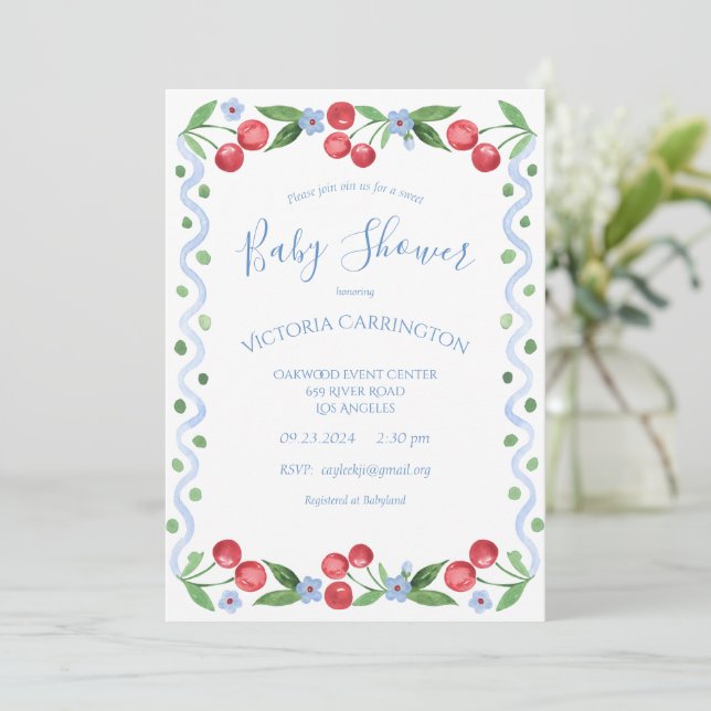 Sweet Cherry Blue Baby Shower  Invitation (Standing Front)