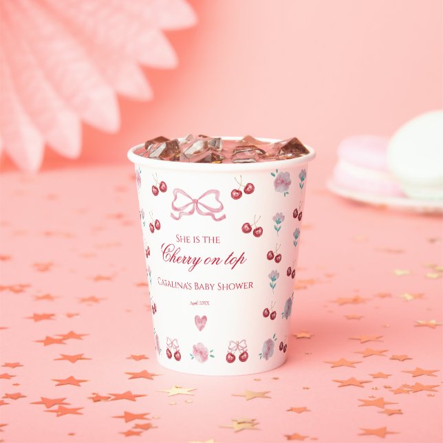 Sweet Cherry Bow Pink Girl Shower Paper Cups (Insitu)