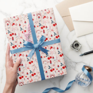 Sweet Cherry Bows and Stars Aesthetic Design Wrapping Paper
