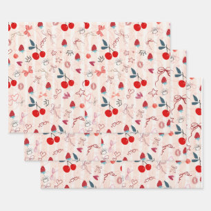 Sweet Cherry Bows and Stars Aesthetic Design Wrapping Paper Sheets