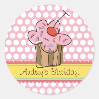 Sweet Cherry Cupcakes Birthday Gift Label Sticker by fatfatin_design at Zazzle