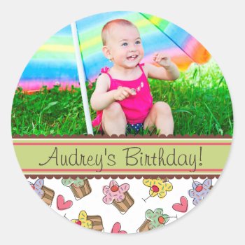 Sweet Cherry Cupcakes Girl Birthday Photo Sticker by fatfatin_design at Zazzle