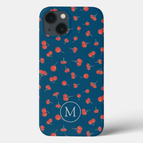 Sweet Cherry Pattern on Dark Blue Monogram iPhone 13 Case