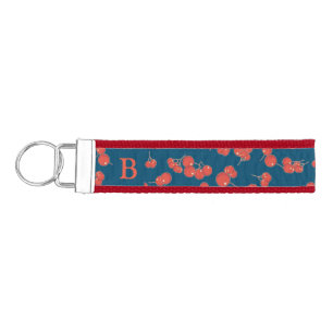Sweet Cherry Pattern on Dark Blue Monogram Wrist Keychain