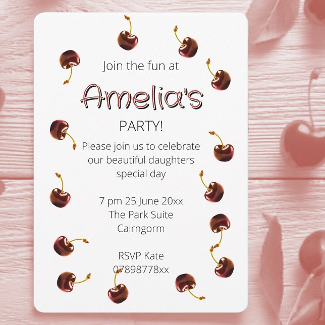 Sweet Cherry Personalized Birthday Party Invitation (Cherry coded party invites.)