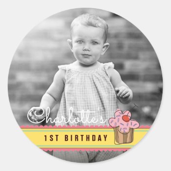 Sweet Cherry Pink Cupcake Birthday Photo Sticker by fatfatin_design at Zazzle