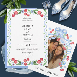 Sweet Cherry Watercolor Photo Wedding Invitation