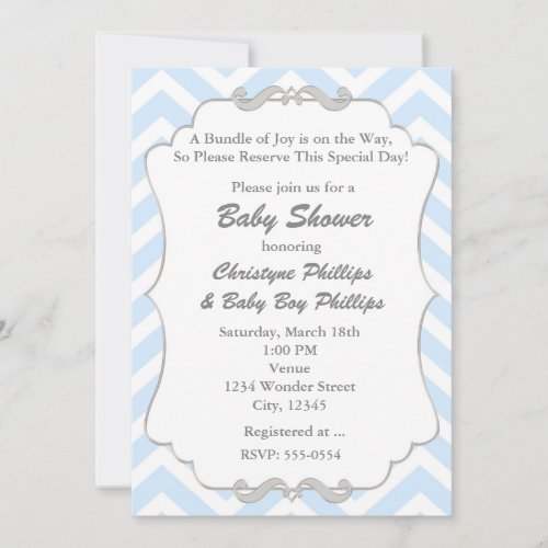 Sweet Chevron Grey  Blue Baby Shower Invitation