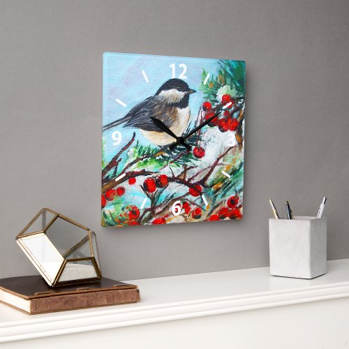 Sweet Chickadee Bird Painting Wall Dcor Square Wall Clock