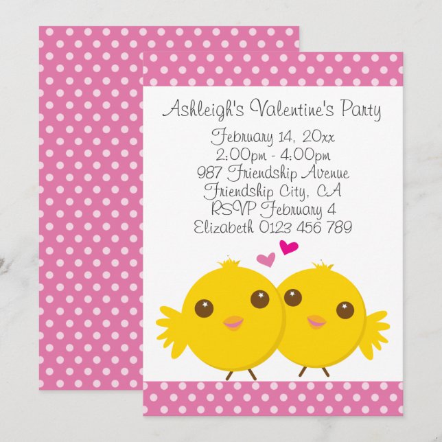 Sweet Chicks in Love Pink Kids Valentines Party Invitation (Front/Back)