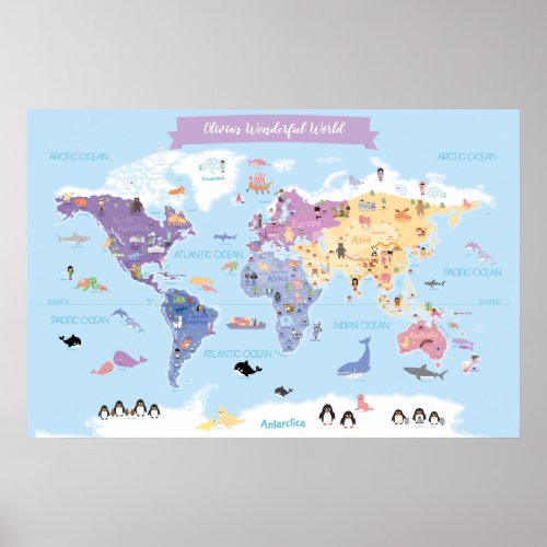Sweet Childrens World Map with Illustrations Poster