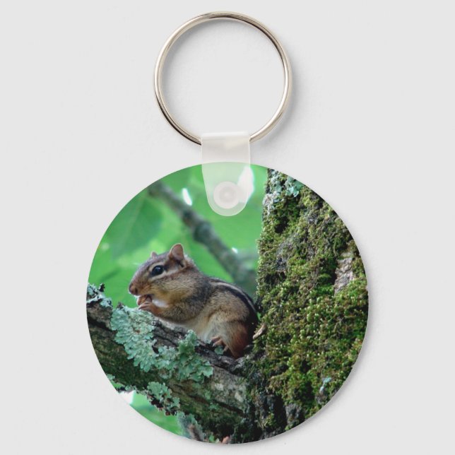 Sweet Chipmunk in a Tree Apparel and Gifts Keychain (Front)