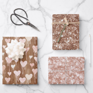 Sweet Chocolate Hearts Cream Brown Pink Glitter Wrapping Paper Sheets