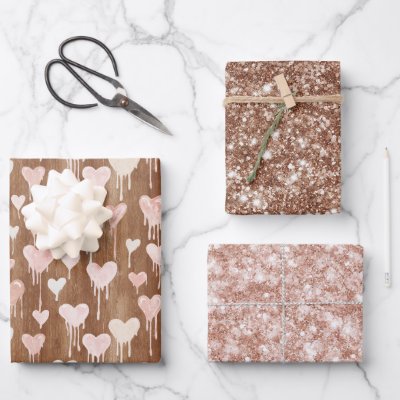 Sweet Chocolate Hearts Cream Brown Pink Glitter Wrapping Paper Sheets