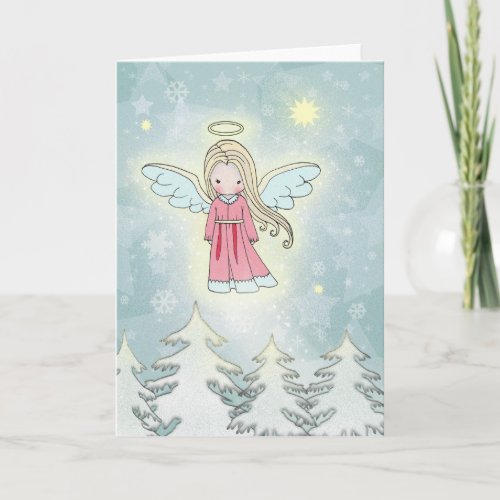 Sweet Christmas Angel above the Trees Holiday Card