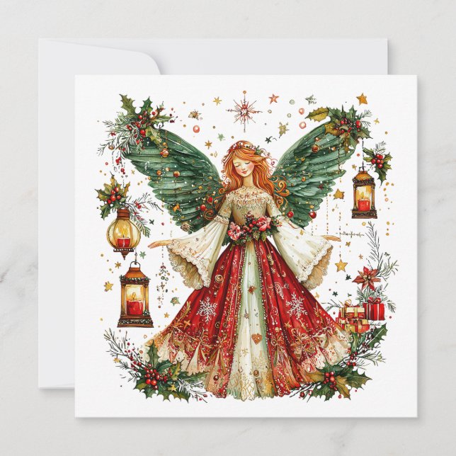 Sweet Christmas Angel & lighted lanterns & berries Holiday Card (Front)