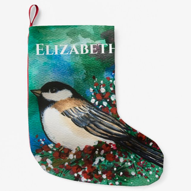 Sweet Christmas Chickadee Snowberries Small Christmas Stocking (Front)