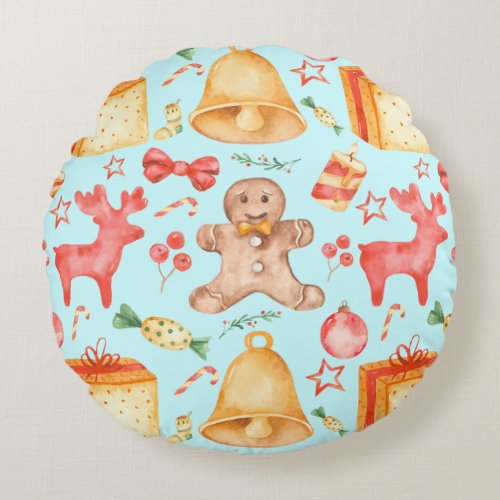 Sweet Christmas Cookies and Candies  Round Pillow