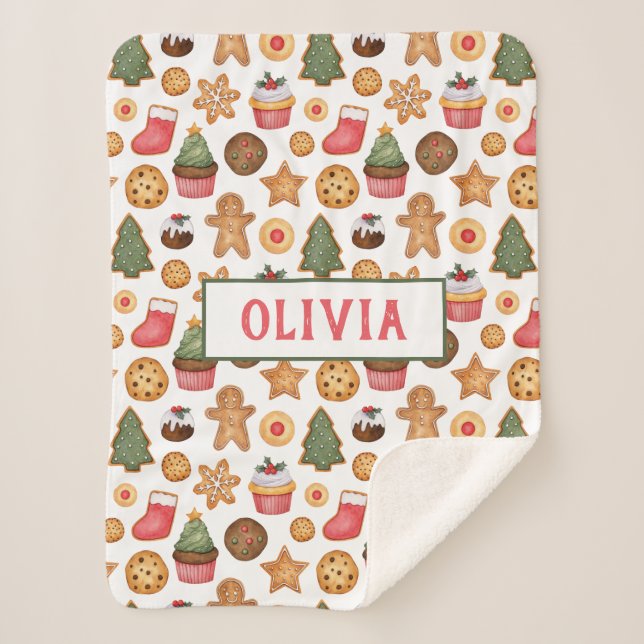 Sweet Christmas Cookies Personalized Baby Name She Sherpa Blanket (Front)