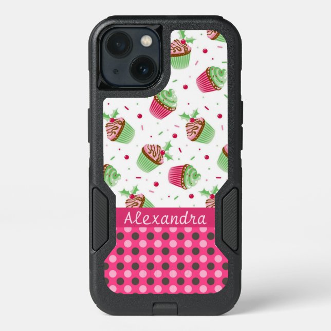Sweet Christmas cupcakes and pink dots name Otterbox iPhone Case (Back)