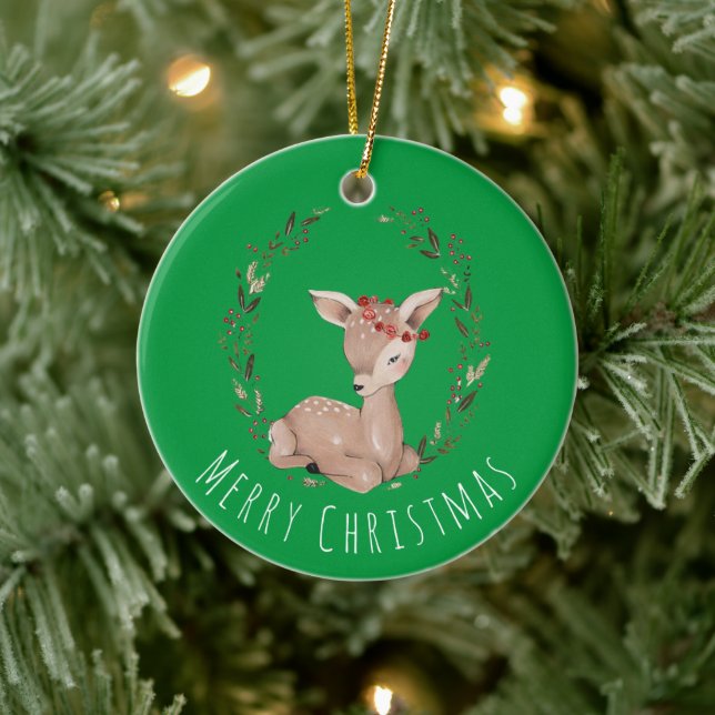 Sweet Christmas Fawn Wreath  Ceramic Ornament (Tree)