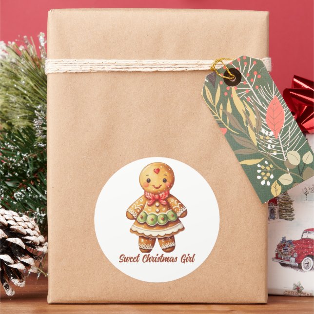 Sweet Christmas Girl Gingerbread Cookie Classic Round Sticker (Holiday)