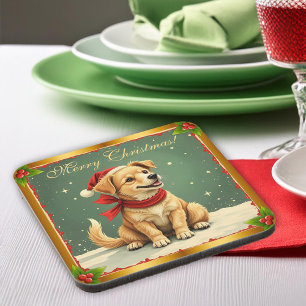 Sweet Christmas Golden Puppy Beverage Coaster