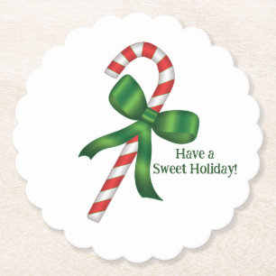 Sweet Christmas Holiday Candy Cane with Green Bow Paper Coaster