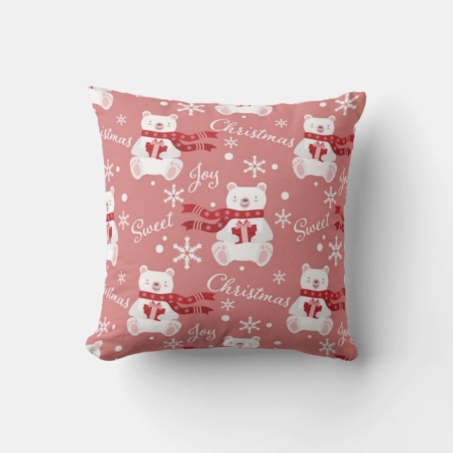 Sweet Christmas Joy Bear Throw Pillow (Front)