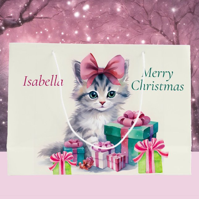 Sweet Christmas Kitten Big Pink Bow Add Name Large Gift Bag (Creator Uploaded)
