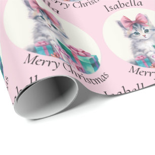 Sweet Christmas Kitten Big Pink Bow Add Name Wrapping Paper
