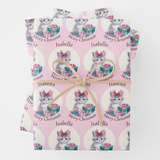 Sweet Christmas Kitten Big Pink Bow Add Name Wrapping Paper Sheets (In situ)