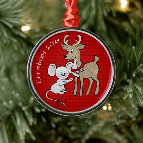 Sweet Christmas Mouse and Reindeer with Year Metal Ornament
