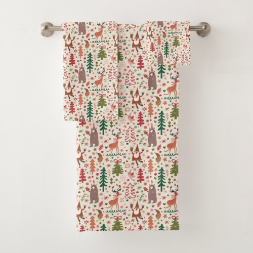 Sweet Christmas Pattern With Holiday Characters Bath Towel Set