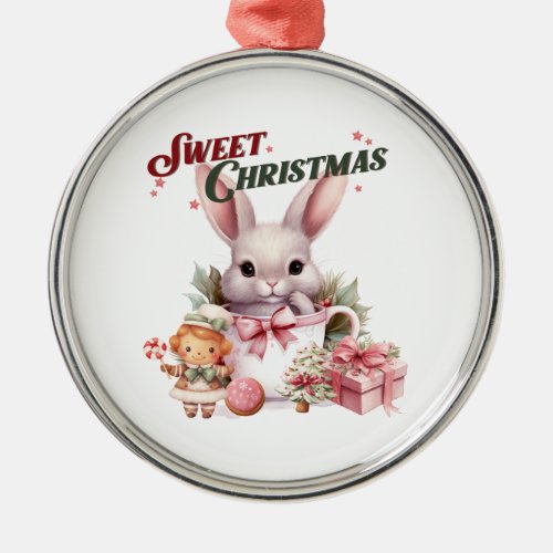 Sweet Christmas Pink Bunny Metal Ornament