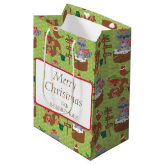 Sweet Christmas Raccoon and Squirrel & Snowflakes Medium Gift Bag