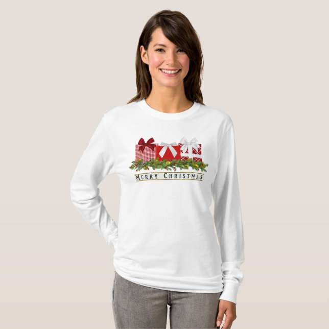 Sweet Christmas Red Plaid Gifts and Pine Needles  T-Shirt (Front Full)