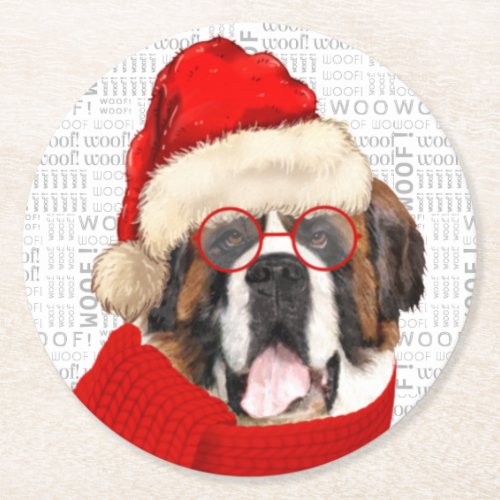 Sweet Christmas Saint Bernard Dog Lover Holiday Round Paper Coaster