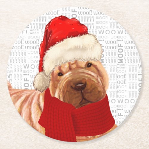 Sweet Christmas Shar Pei Dog Lover Holiday Round Paper Coaster