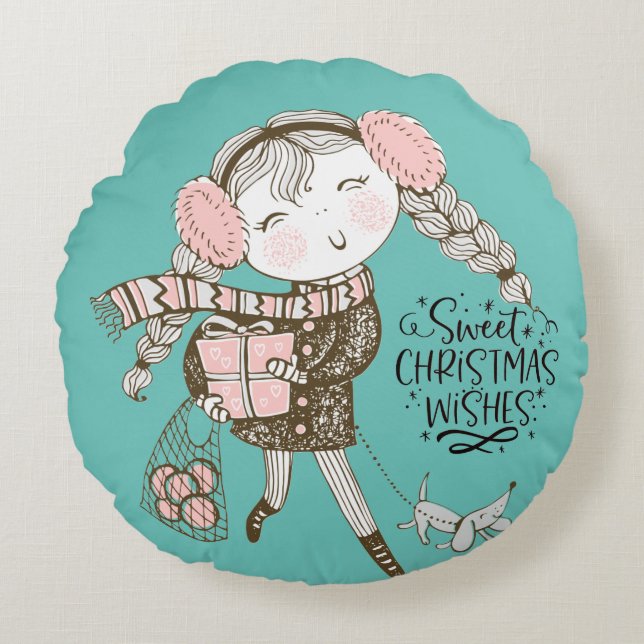 Sweet Christmas Wishes Round Pillow (Front)