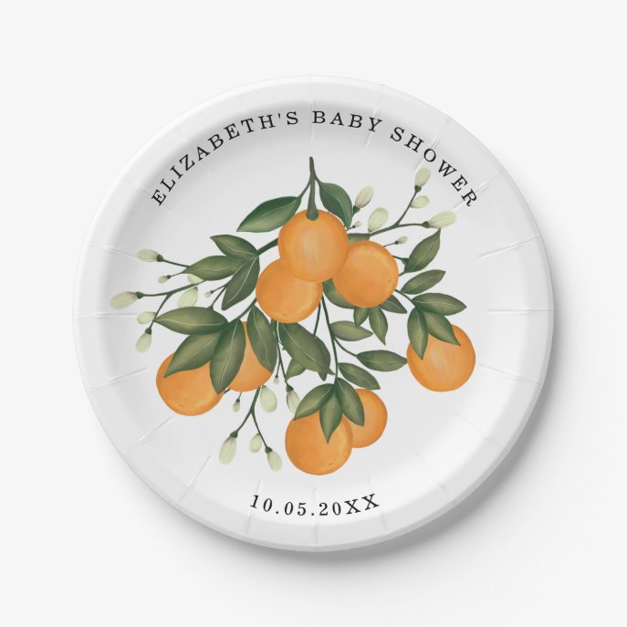Sweet Citrus Greenery Summer Orange Shower Decor Paper Plate