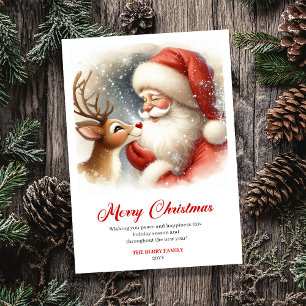 Sweet Classic Santa With Rudolph Holiday Greeting  Card
